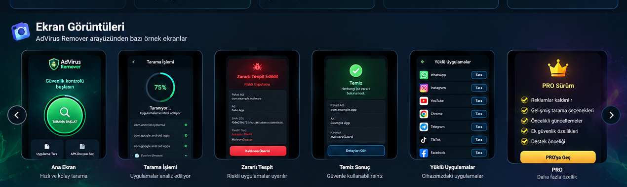AdVirus Remover sonuç ve PRO ekranları